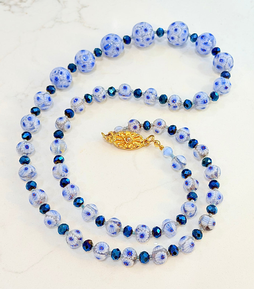 Rosario Leonardi “The Blues” Necklace Featuring Vintage Murano Millefiori and  Czech Cobalt Blue Glass Crystals