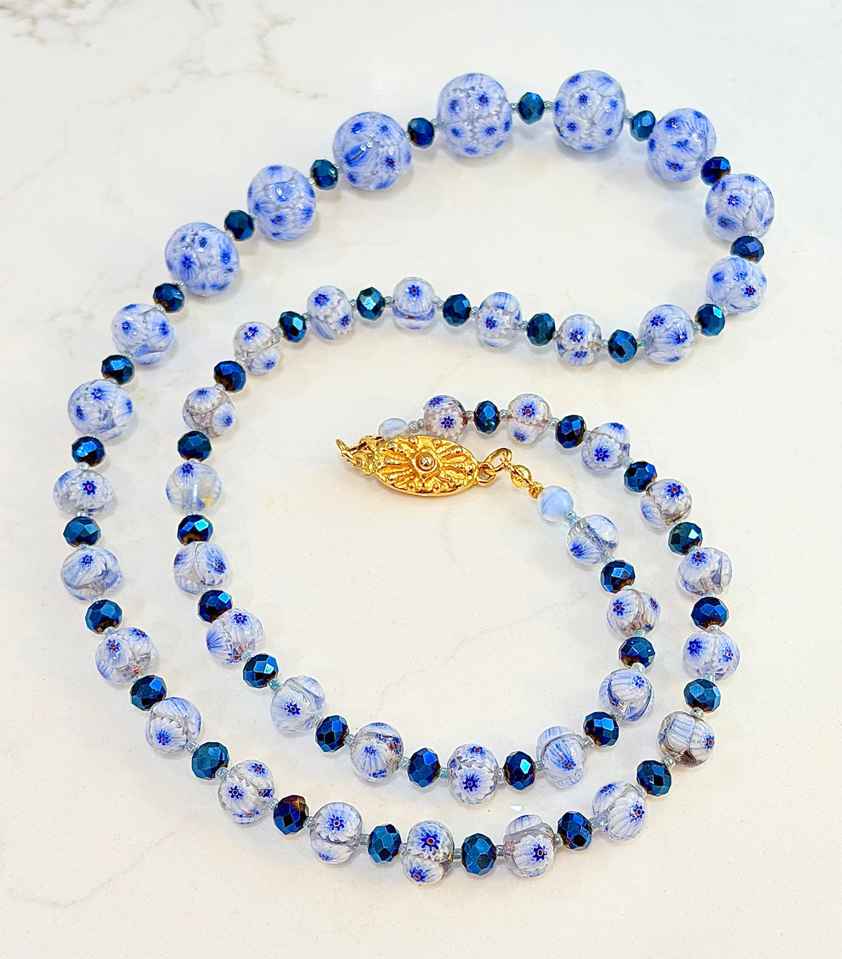 Rosario Leonardi “The Blues” Necklace Featuring Vintage Murano Millefiori and  Czech Cobalt Blue Glass Crystals