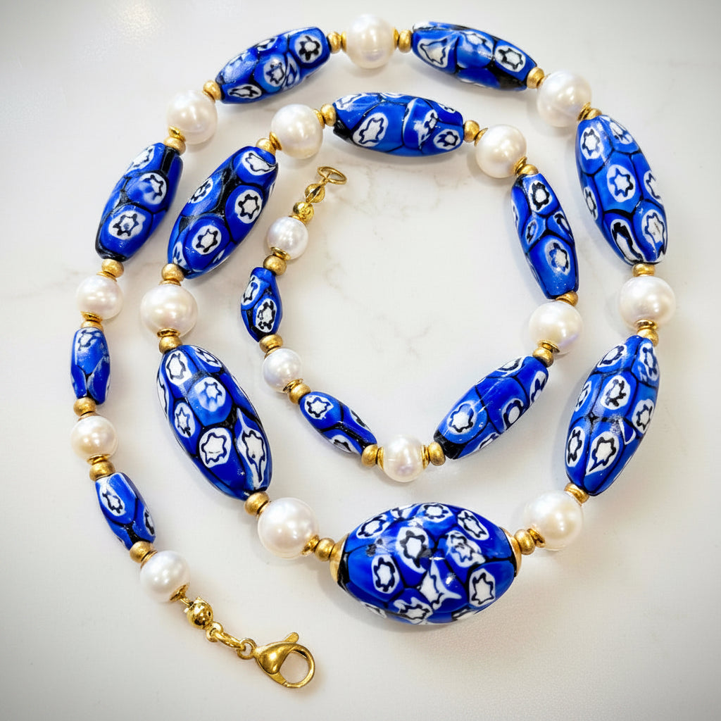 One Of A Kind 22”Blue & White Murano Glass Beads Paired with Fine White Freshwater Pears