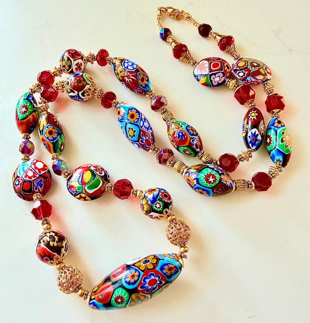 Rosario Leonardi Red Patterned Murano Millefiori Ercole Moretti Beaded Necklace-Choose your lenghti