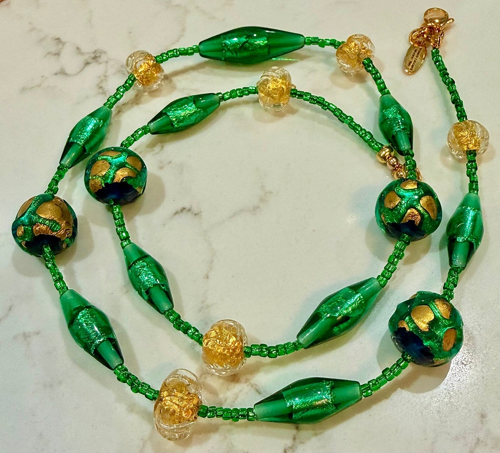Rosario Leonardi “Boy That’s Green & Gold!” Murano Lampwork & Czech Glass Necklace, One of a Kind.
