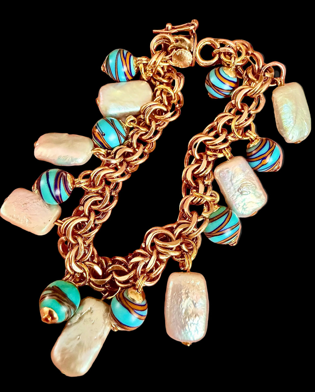 One of a kind 12k GF 1950’s Charm Bracelet Adorned With Rectangular White Freshwater Pearls & Ercole Moretti Aqua Ribbon Beads