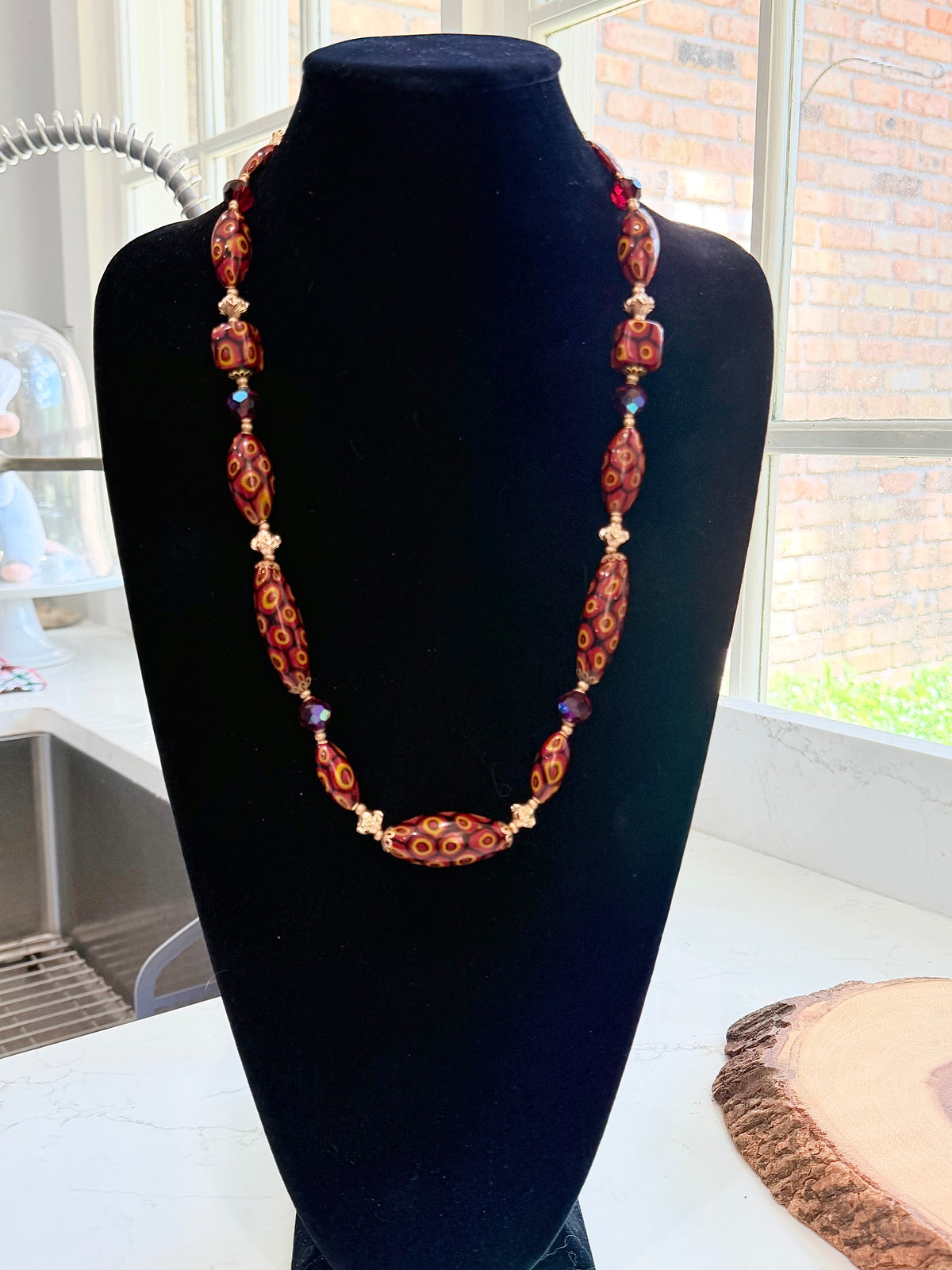 Rosario Leonardi Red & Orange Themed Necklace Featuring 12k GF Lantern Beads, Red A/B Vintage Swarovski Crystals & Exclusive Custom Beads