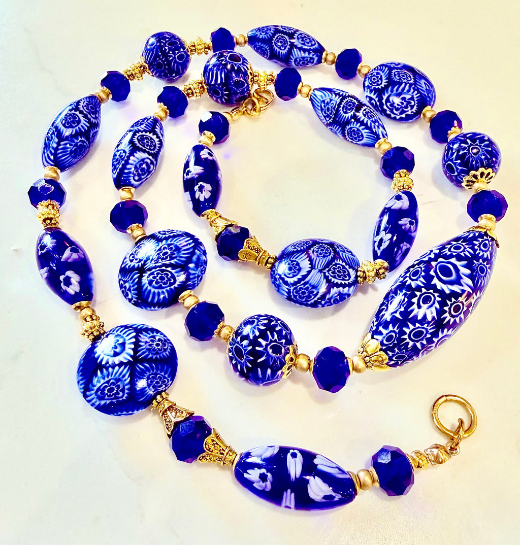 Rosario Leonardi Exclusive Ercole Moretti Cobalt Blue/ White Murano Millefiori Beaded Necklace-Choose your lenght