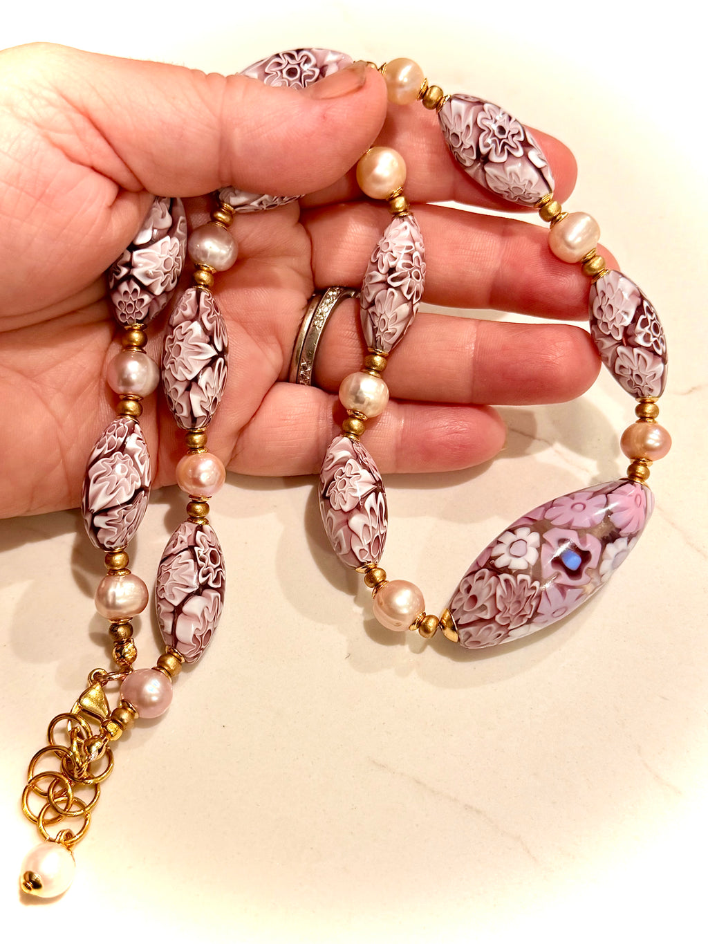 Rosario Leonardi Pale Pink Neckalce Featuring Exclusive Murano Millefiori Glass Beads
