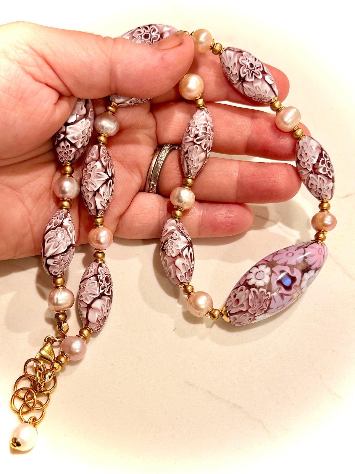 Rosario Leonardi Pale Pink Neckalce Featuring Exclusive Murano Millefiori Glass Beads
