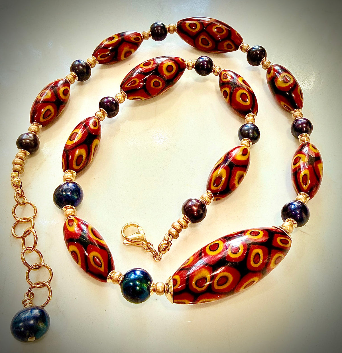Rosario Leonardi Dramatic Red & Black Themed 22” Necklace Featuring 11mm Black Freshwater Pearls