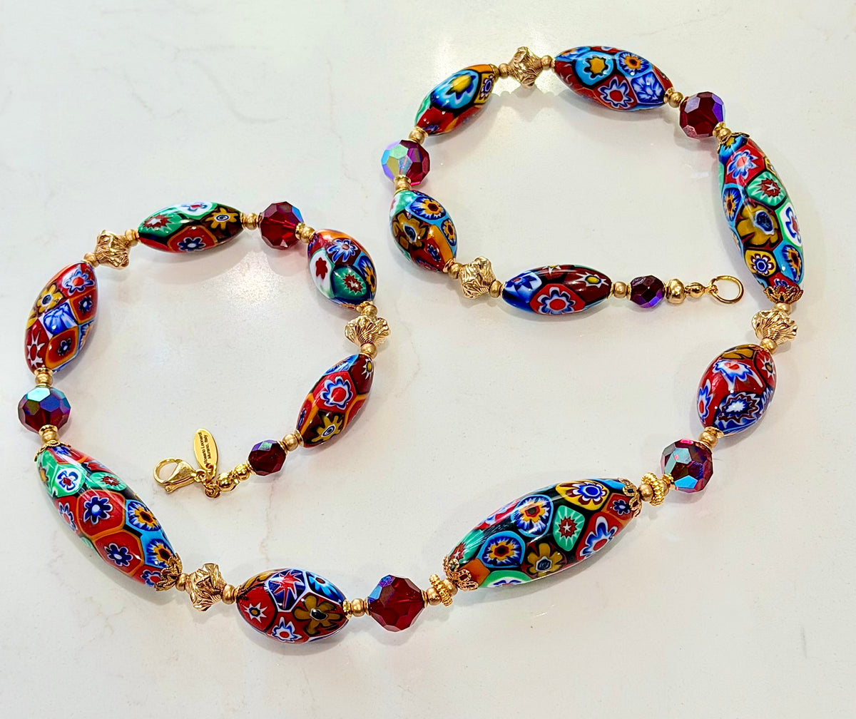 Rosario Leonardi Red Themed Necklace Featuring 12k GF Lantern Beads, Red A/B Vintage Swarovski Crystals & Exclusive Custom Beads Made just for our shop