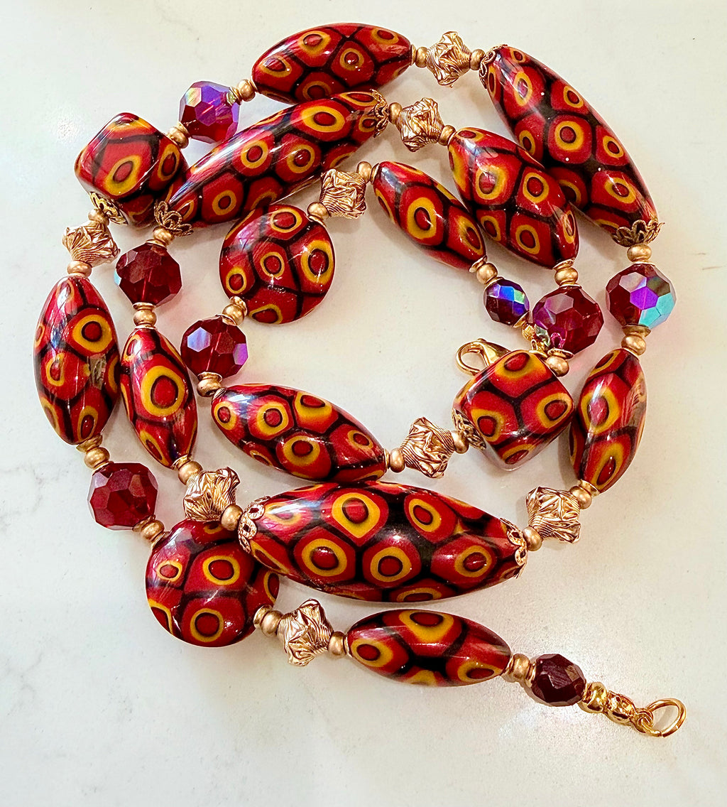 Rosario Leonardi Red & Orange Themed Necklace Featuring 12k GF Lantern Beads, Red A/B Vintage Swarovski Crystals & Exclusive Custom Beads