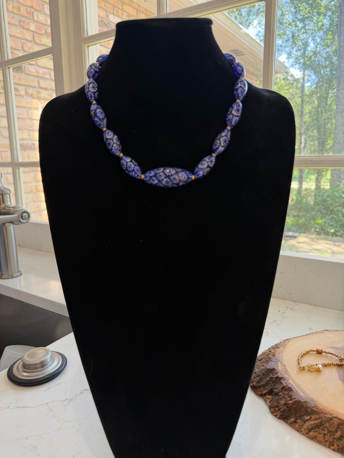 Rosario Leonardi Cobalt Blue Neckalce Featuring Handmade Murano Millefiori Torpedo Glass Beads