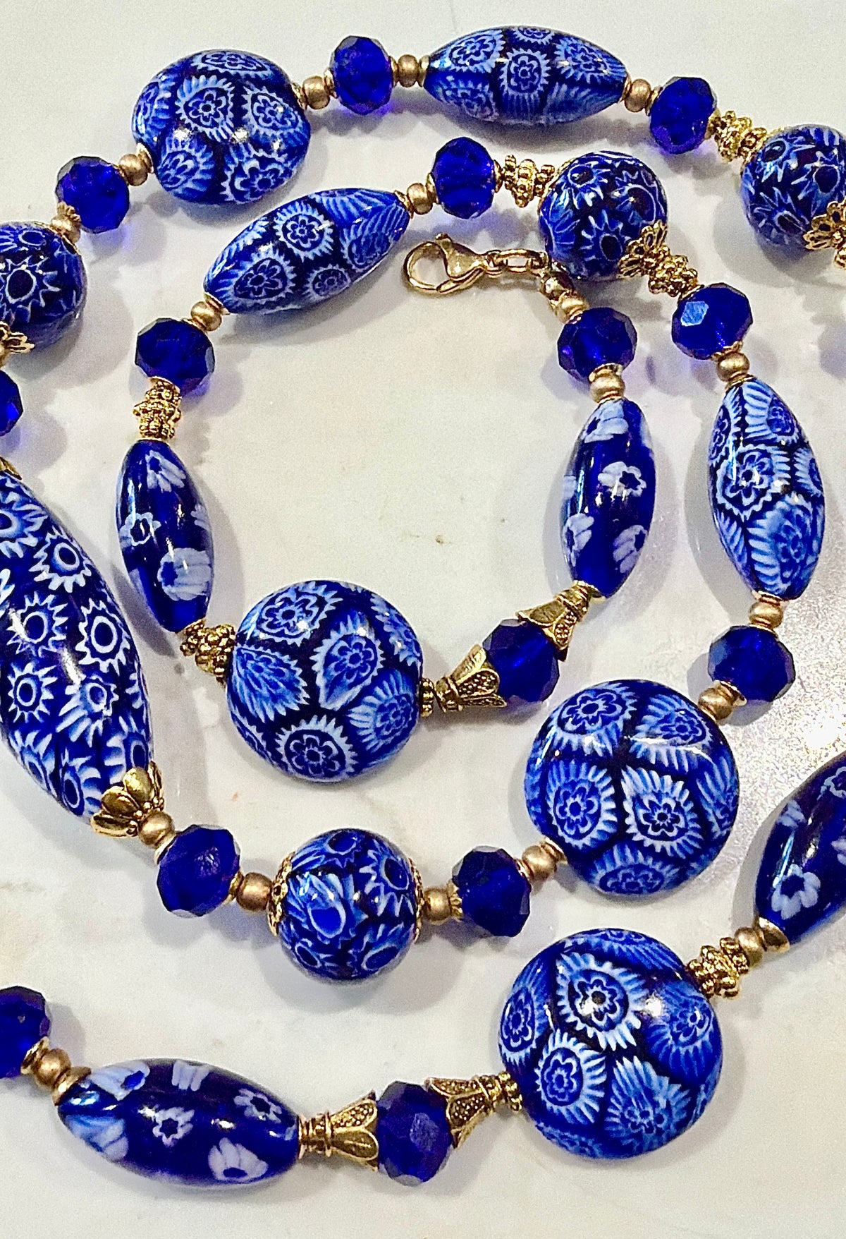 Rosario Leonardi Exclusive Ercole Moretti Cobalt Blue/ White Murano Millefiori Beaded Necklace-Choose your lenght