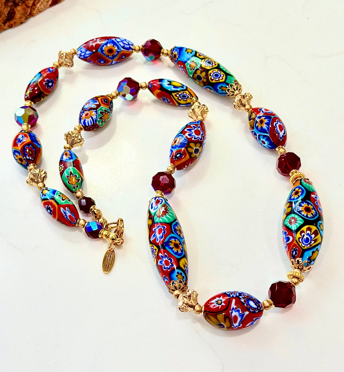 Rosario Leonardi Red Themed Necklace Featuring 12k GF Lantern Beads, Red A/B Vintage Swarovski Crystals & Exclusive Custom Beads Made just for our shop