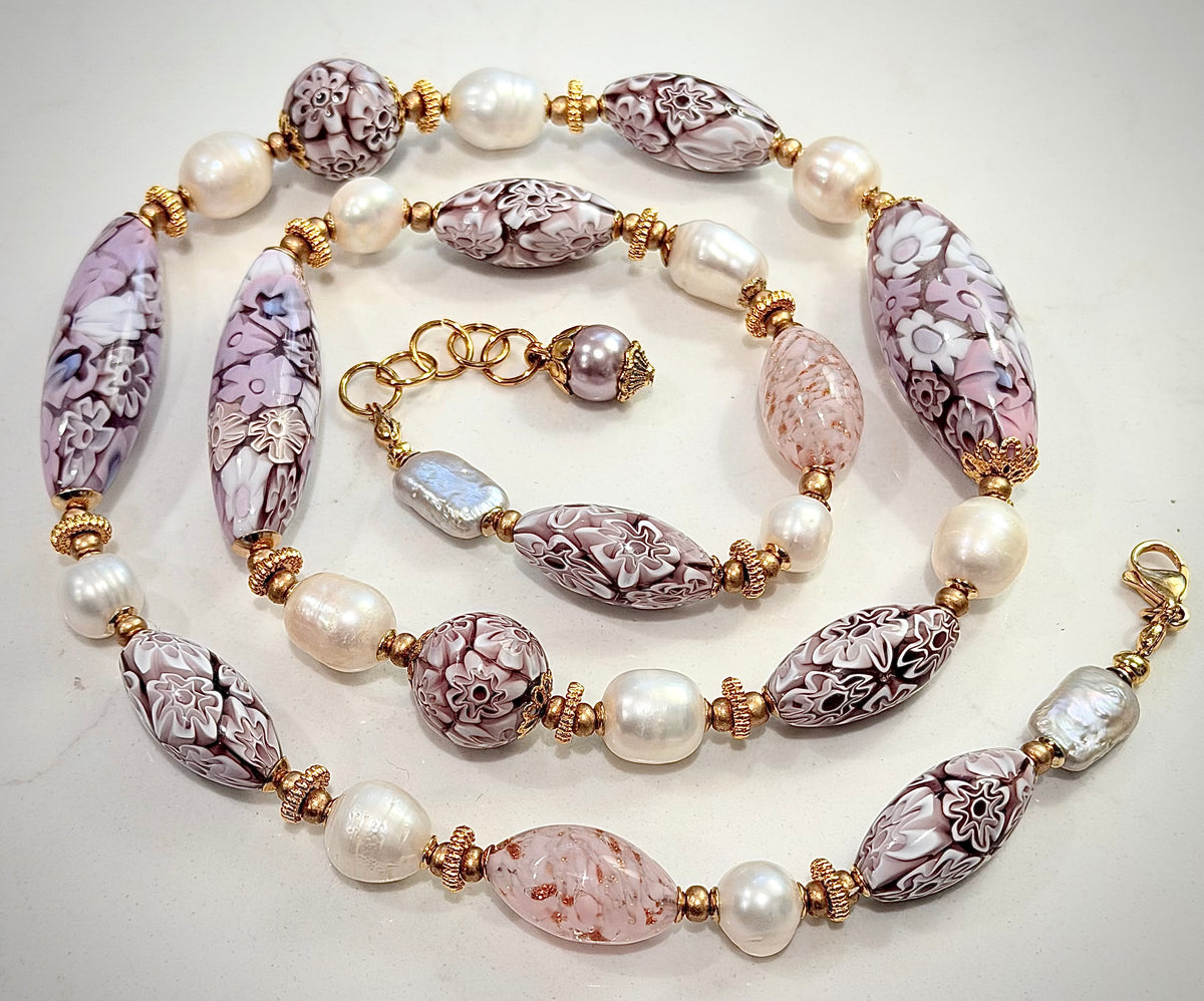26”Rosario Leonardi Pale Pink Neckalce Featuring Exclusive Murano Millefiori Glass Beads