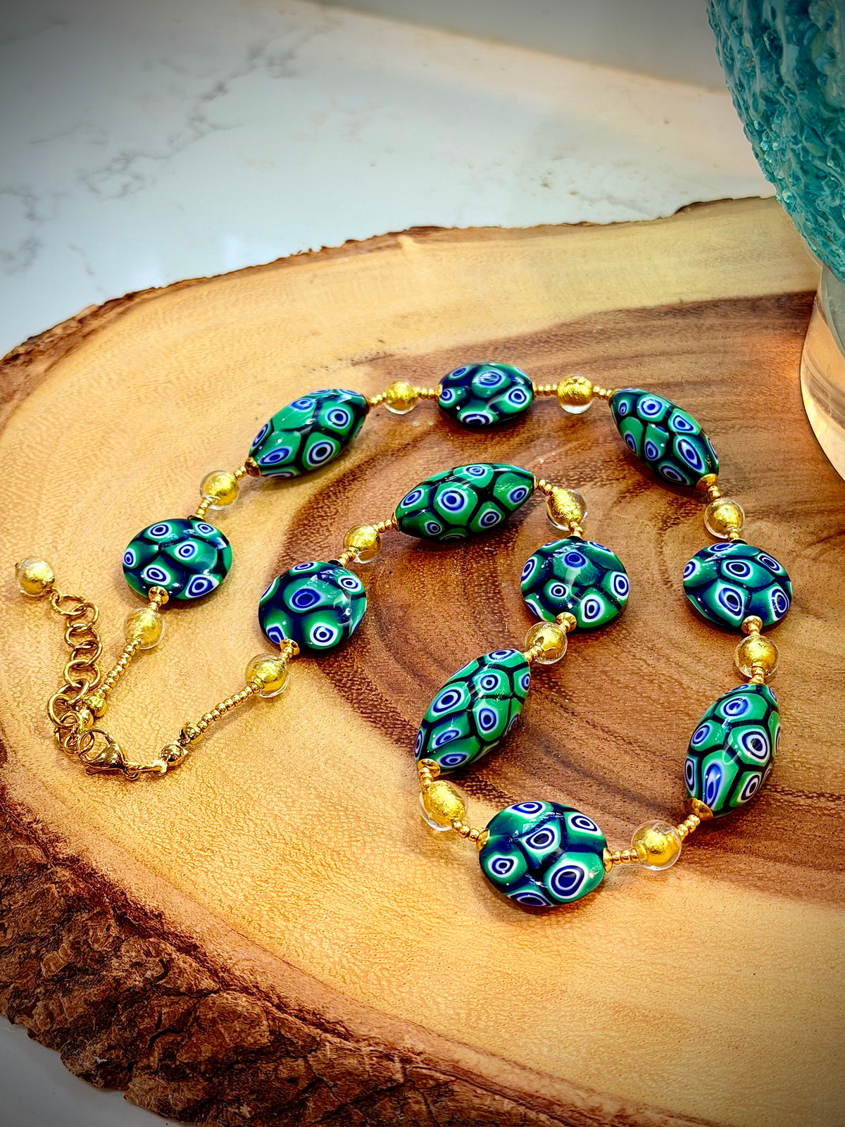 Rosario Leonardi “Green & Gold Goddess” Necklace Featuring EXCLUSIVE Ercole Moretti Beads