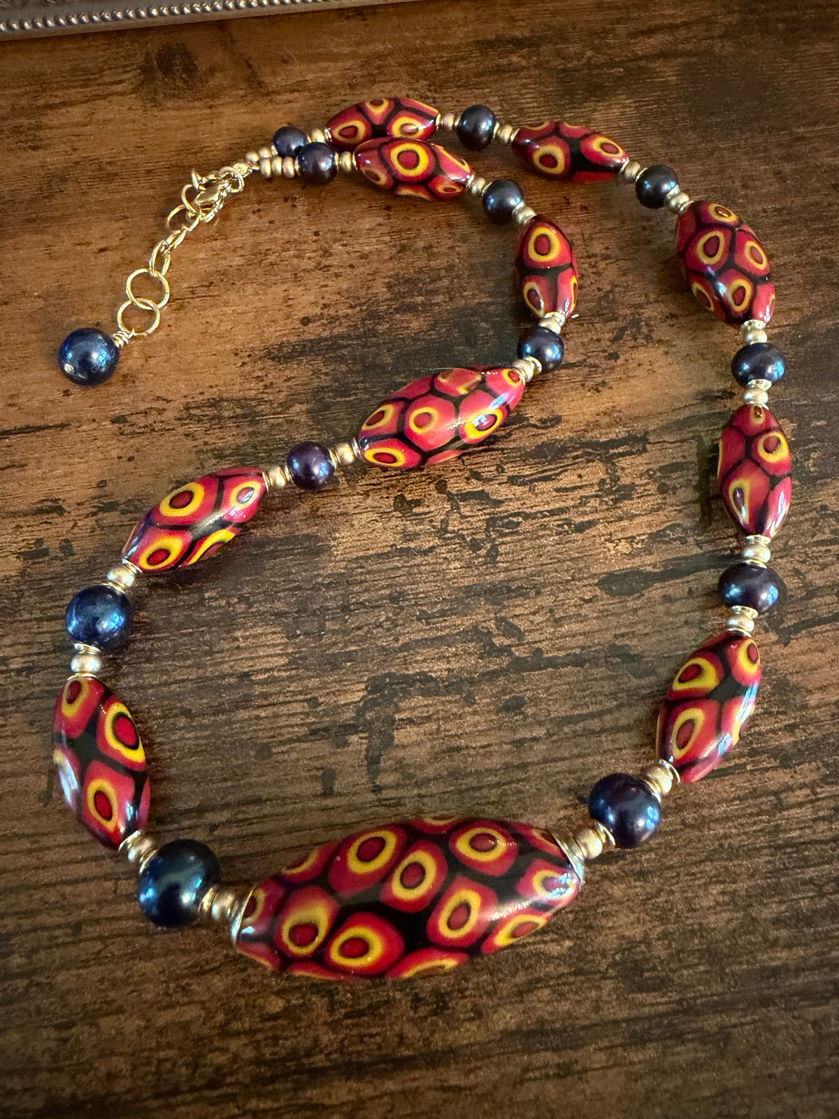 Rosario Leonardi Dramatic Red & Black Themed 22” Necklace Featuring 11mm Black Freshwater Pearls