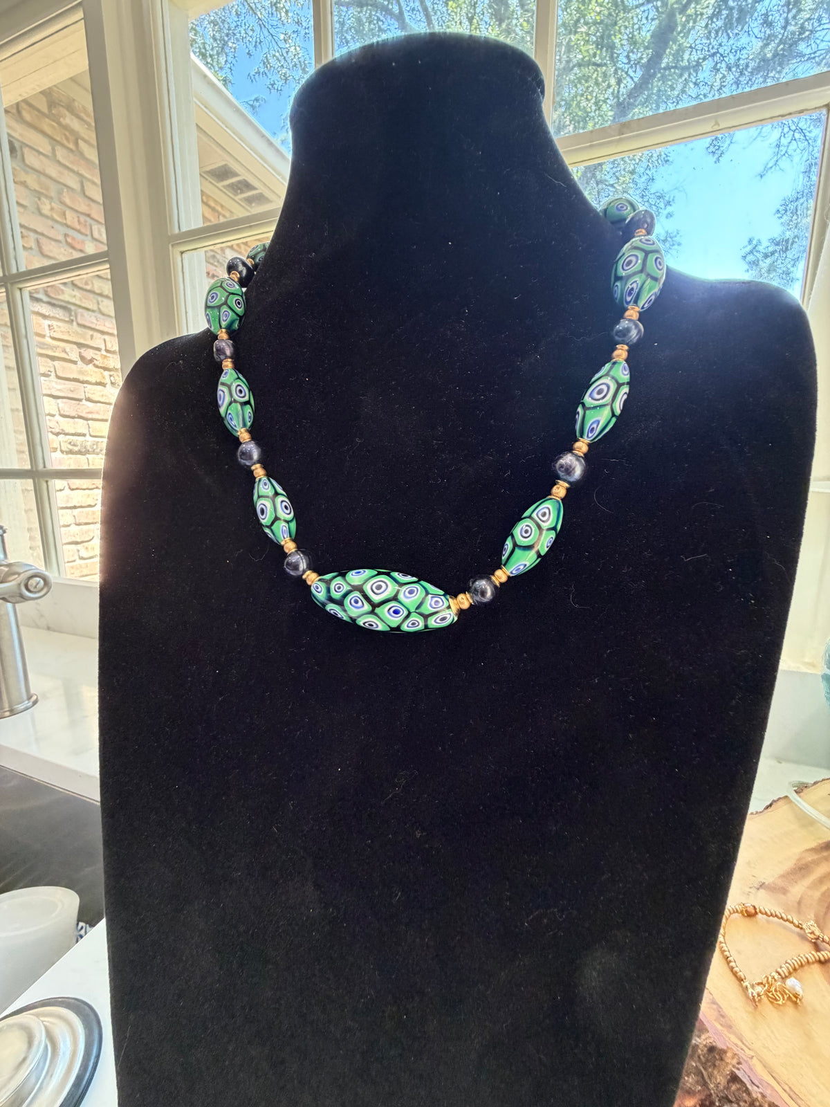Rosario Leonardi Dramatic Green & Navy Themed 22” Necklace Featuring Black Freshwater Pearls