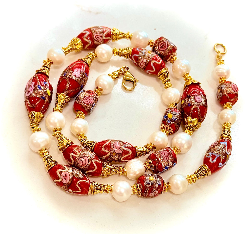 Rosario Leonardi Vintage Red Venetian Wedding Cake & White Freshwater Pearl Beaded Necklace