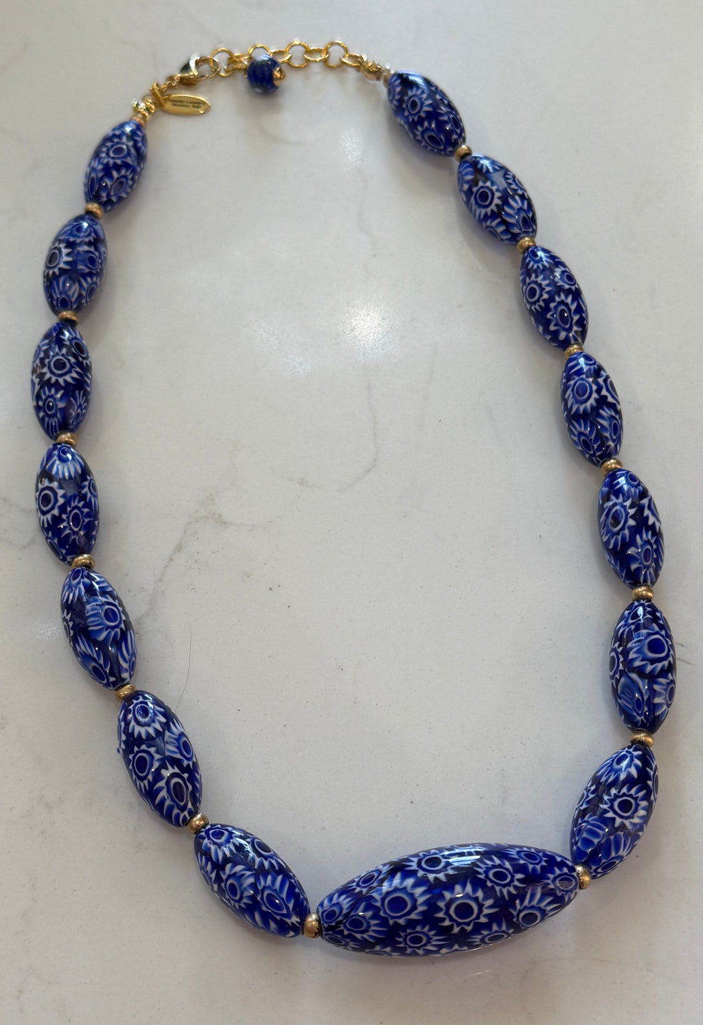 Rosario Leonardi Cobalt Blue Neckalce Featuring Handmade Murano Millefiori Torpedo Glass Beads