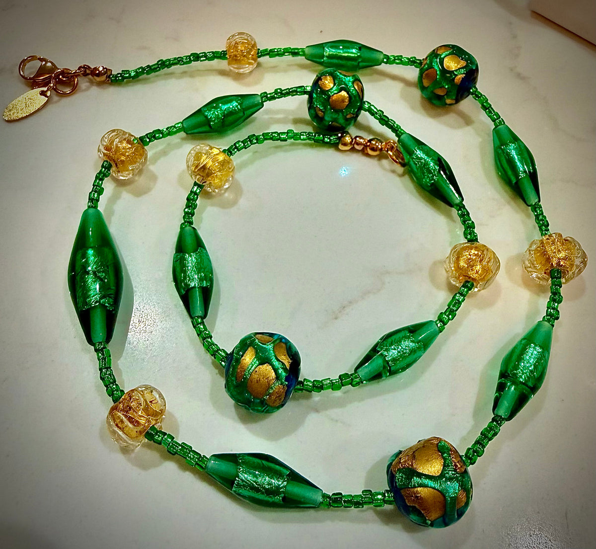 Rosario Leonardi “Boy That’s Green & Gold!” Murano Lampwork & Czech Glass Necklace, One of a Kind.
