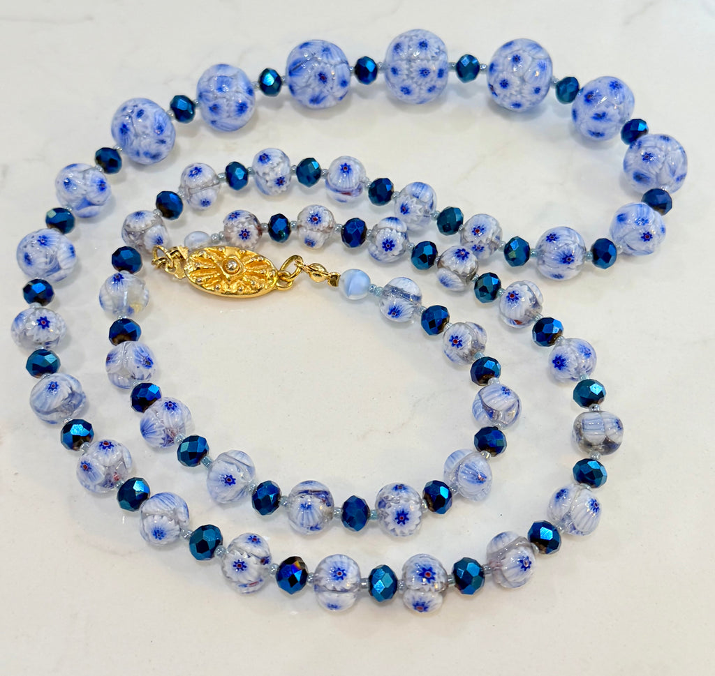 Rosario Leonardi “The Blues” Necklace Featuring Vintage Murano Millefiori and  Czech Cobalt Blue Glass Crystals