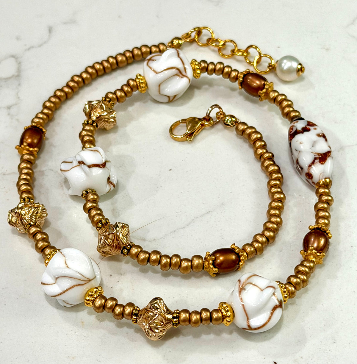 Petite Rosario Leonardi Gold Aventurine Themed Necklace Featuring Pearls, 12k Gold Filled Beads, German Glass & Ercole Moretti Focal Bead