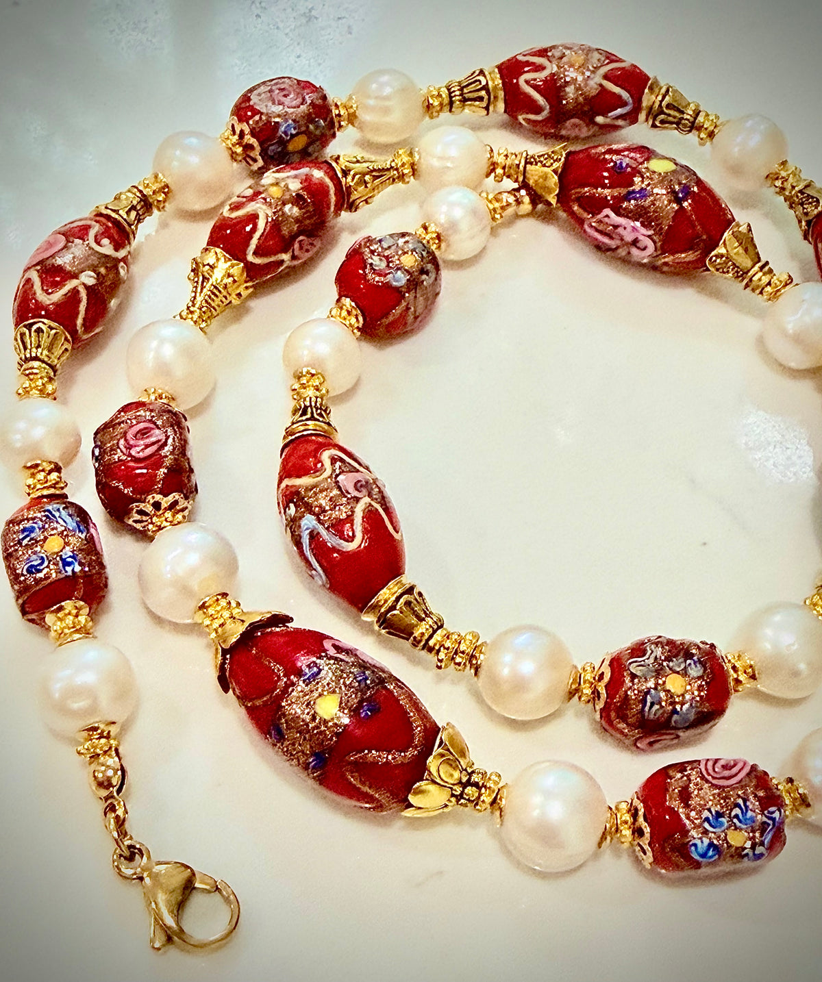 Rosario Leonardi Vintage Red Venetian Wedding Cake & White Freshwater Pearl Beaded Necklace