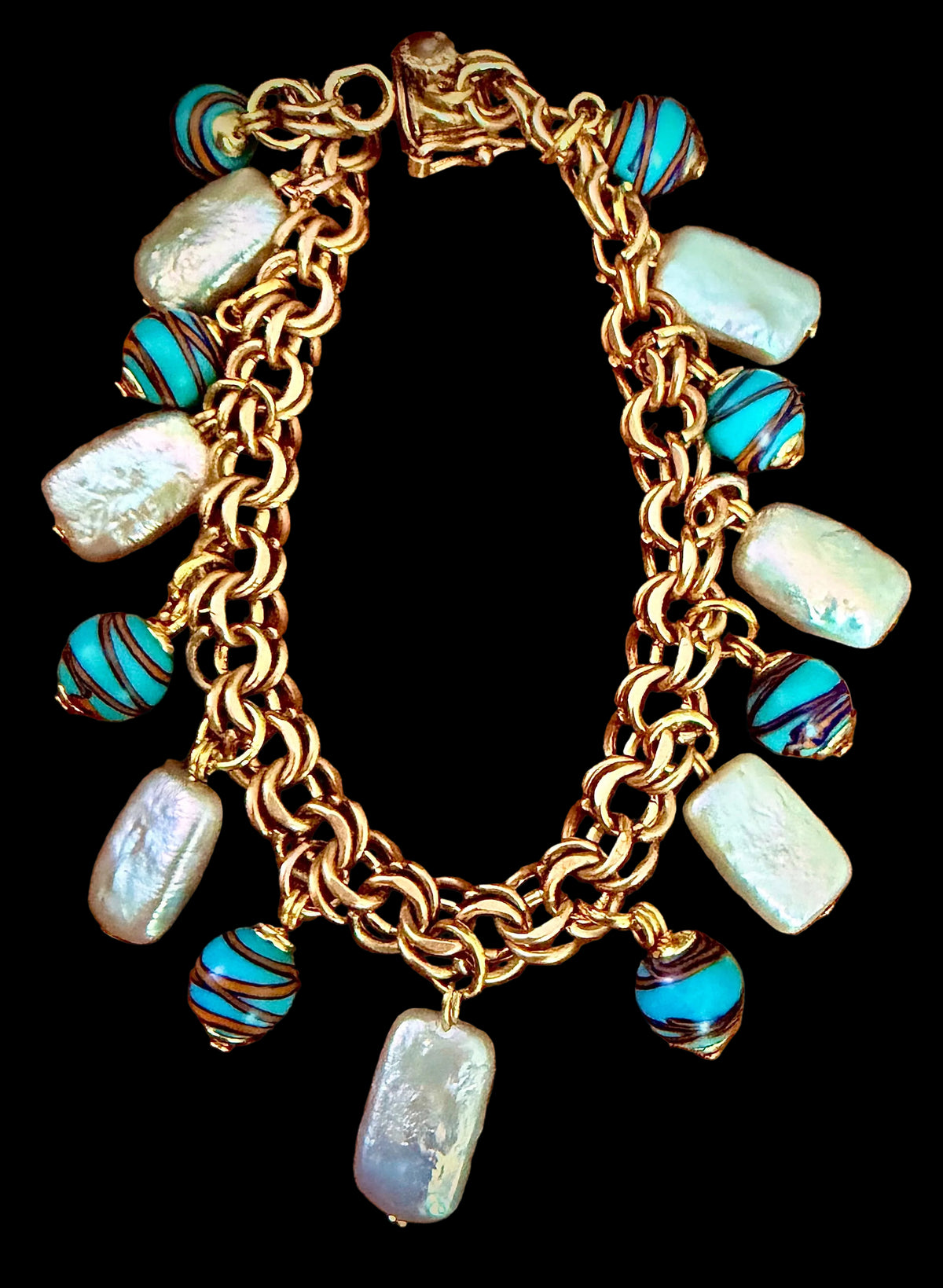 One of a kind 12k GF 1950’s Charm Bracelet Adorned With Rectangular White Freshwater Pearls & Ercole Moretti Aqua Ribbon Beads