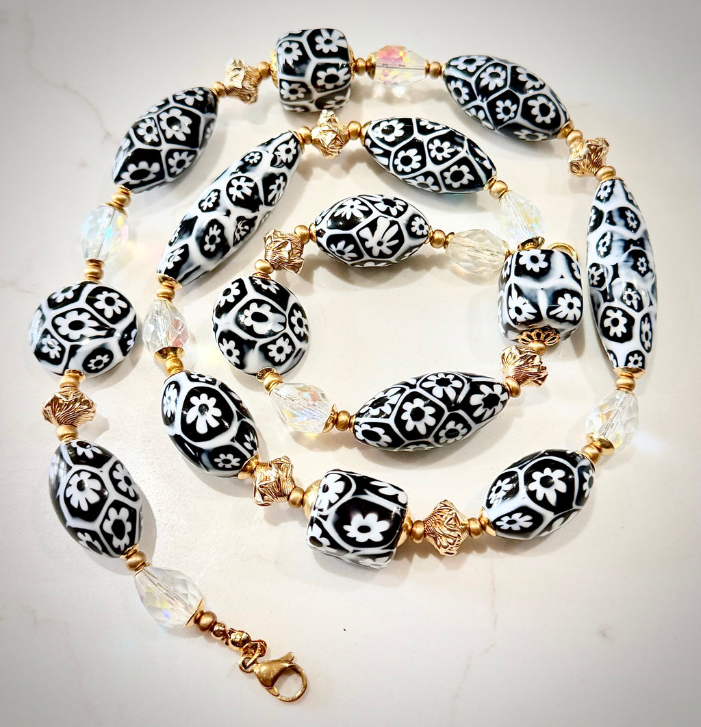 Black & White Millefiori Murano Glass Necklace Featuring EXCLUSIVE Ercole Moretti Beads & 12k Yellow Gold Filled Lantern Beads