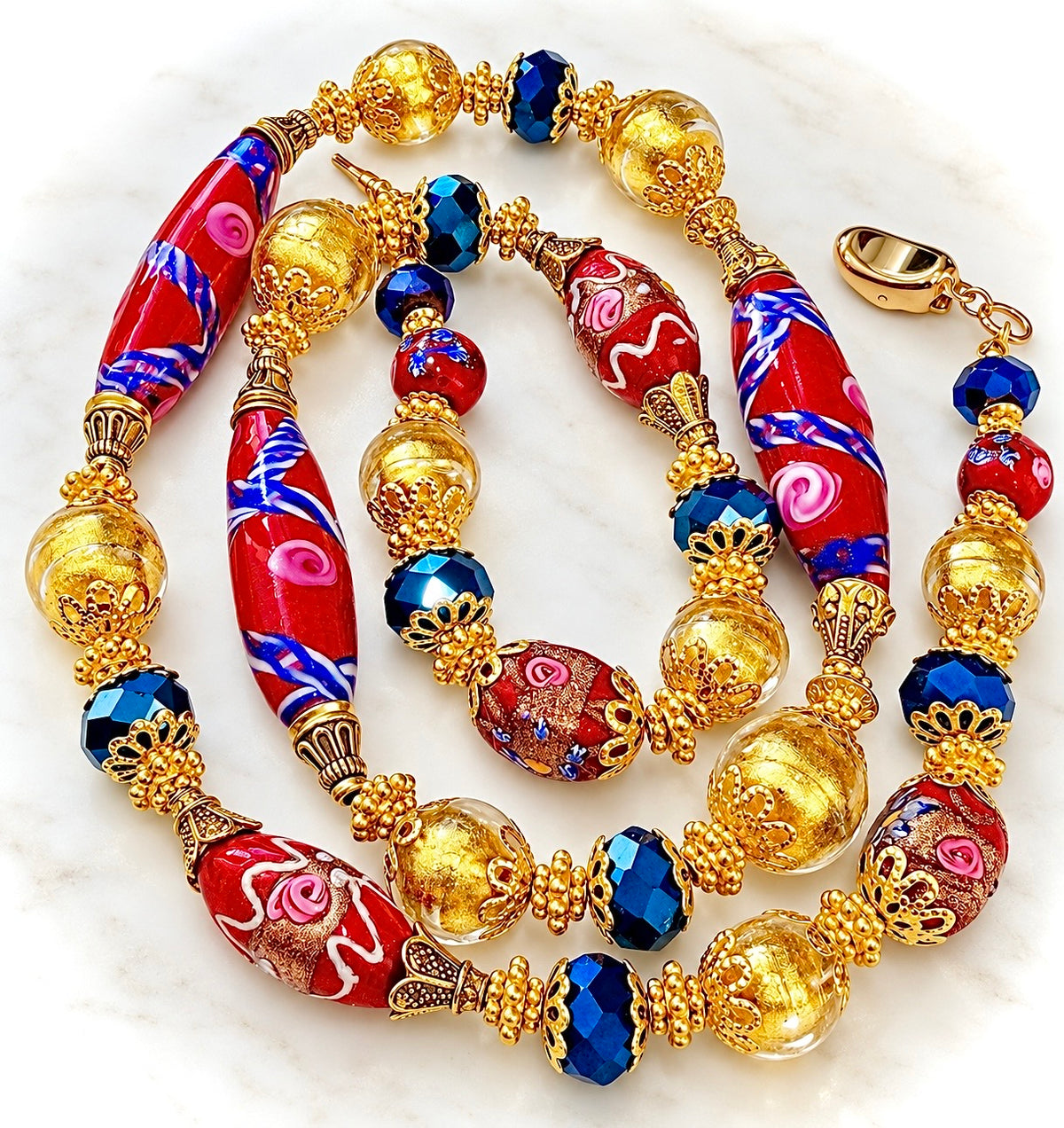 Rosario Leonardi Vintage Red Venetian Wedding Cake & 24K Yellow Gold Glass Beaded Necklace