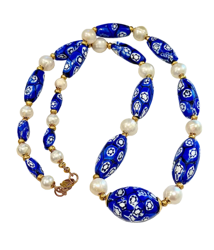 One Of A Kind 22”Blue & White Murano Glass Beads Paired with Fine White Freshwater Pears