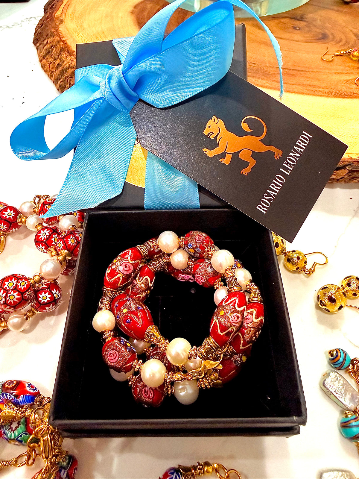 Rosario Leonardi Vintage Red Venetian Wedding Cake & White Freshwater Pearl Beaded Necklace