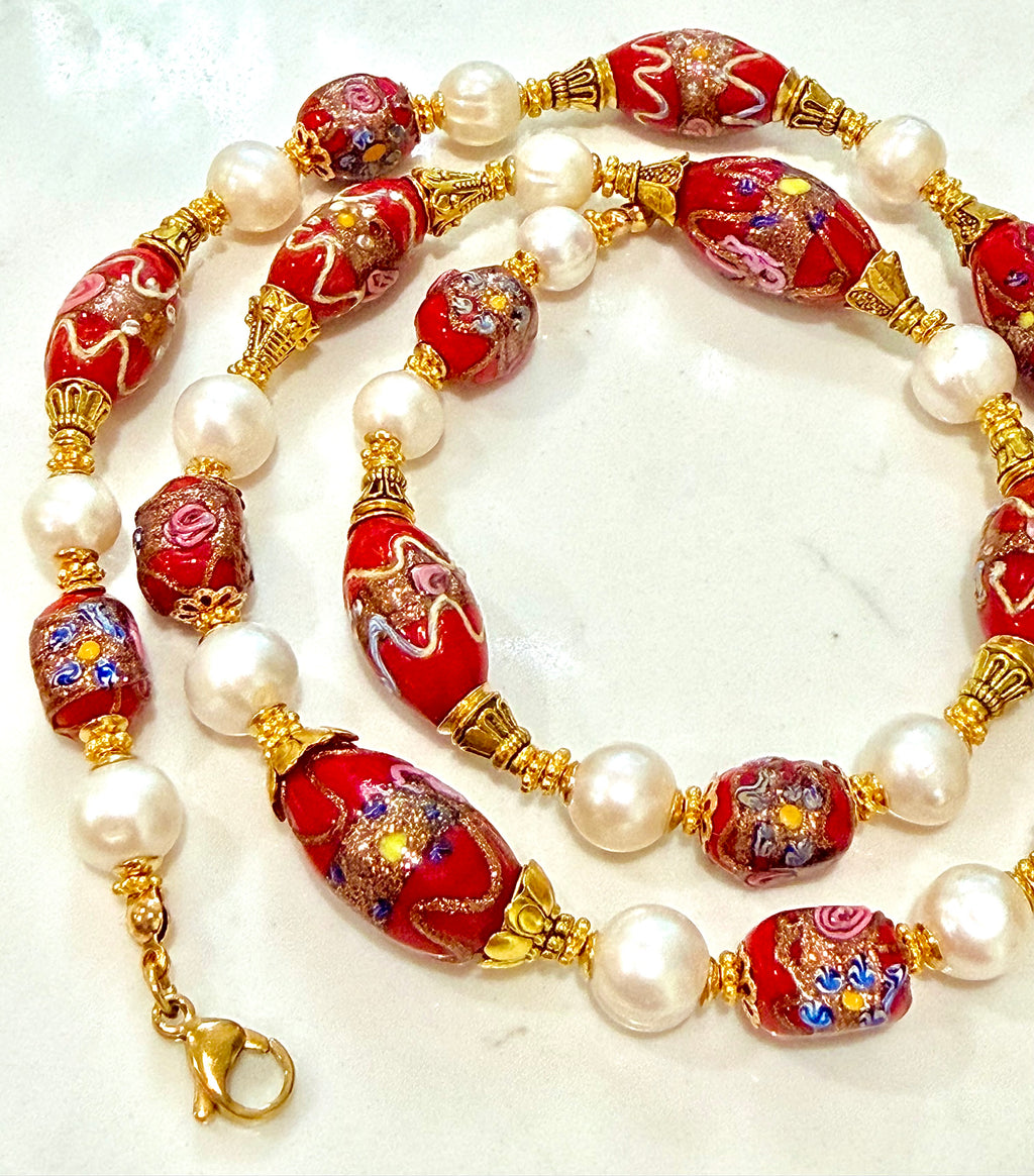 Rosario Leonardi Vintage Red Venetian Wedding Cake & White Freshwater Pearl Beaded Necklace
