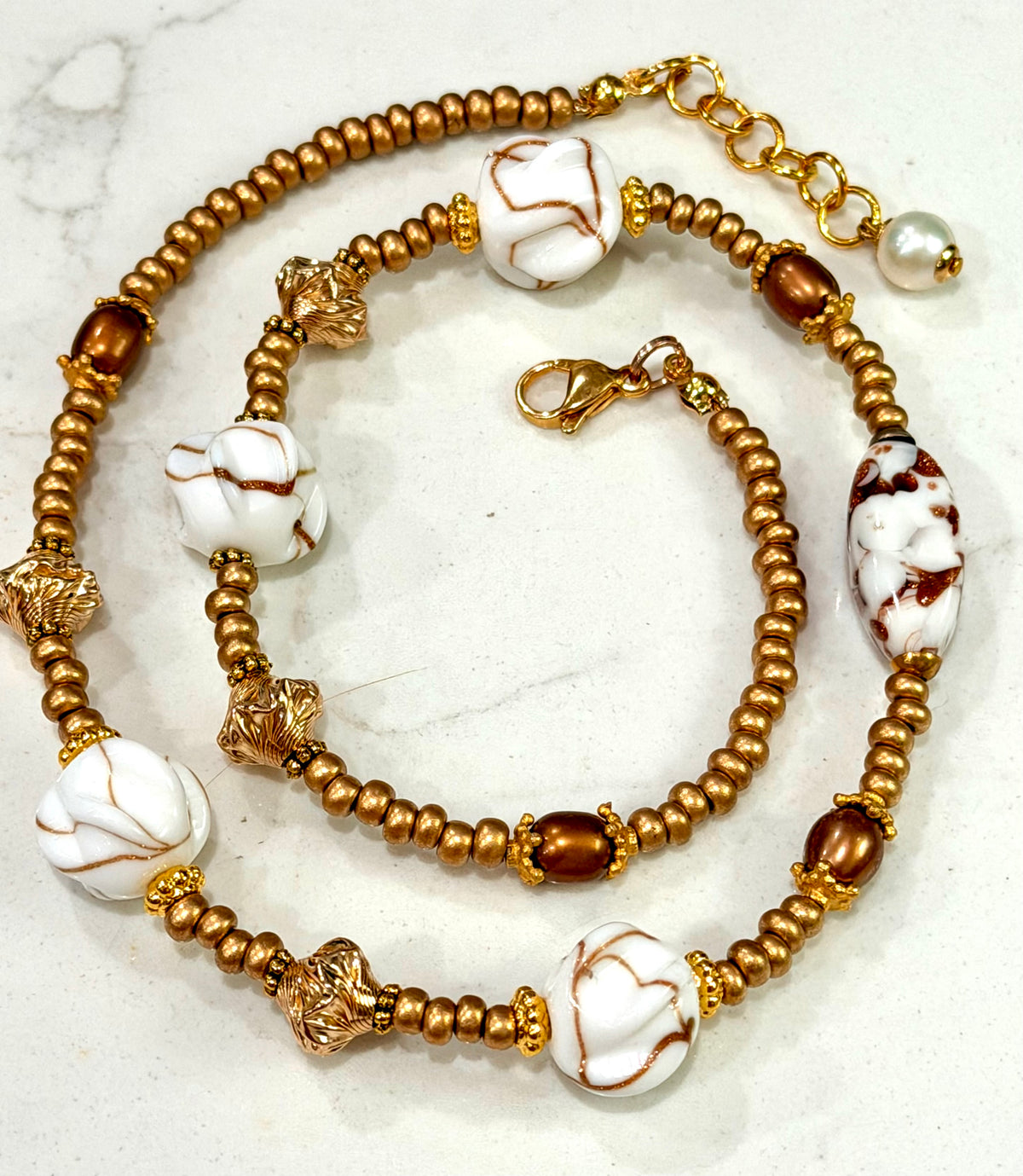 Petite Rosario Leonardi Gold Aventurine Themed Necklace Featuring Pearls, 12k Gold Filled Beads, German Glass & Ercole Moretti Focal Bead