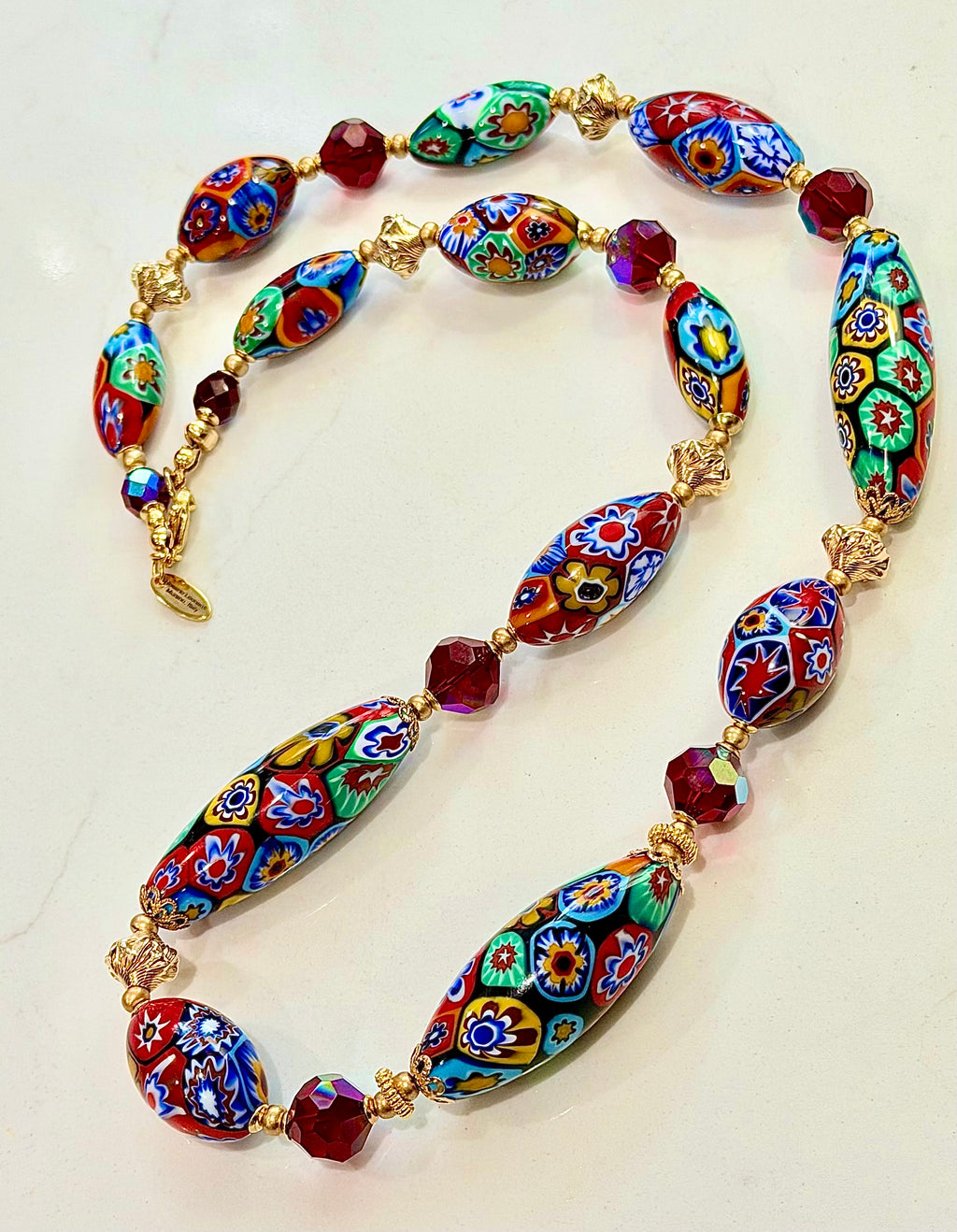 Rosario Leonardi Red Themed Necklace Featuring 12k GF Lantern Beads, Red A/B Vintage Swarovski Crystals & Exclusive Custom Beads Made just for our shop