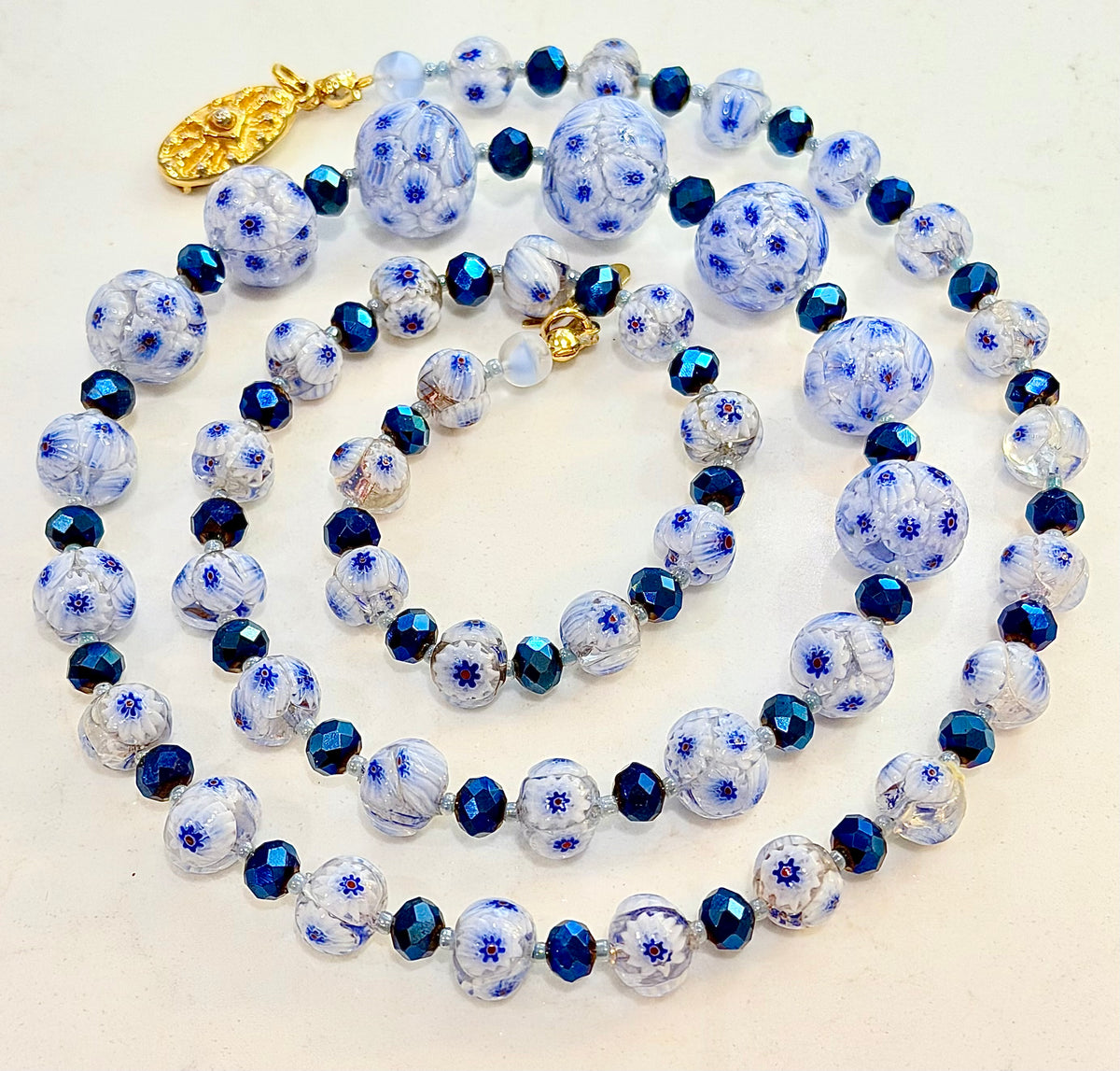 Rosario Leonardi “The Blues” Necklace Featuring Vintage Murano Millefiori and  Czech Cobalt Blue Glass Crystals