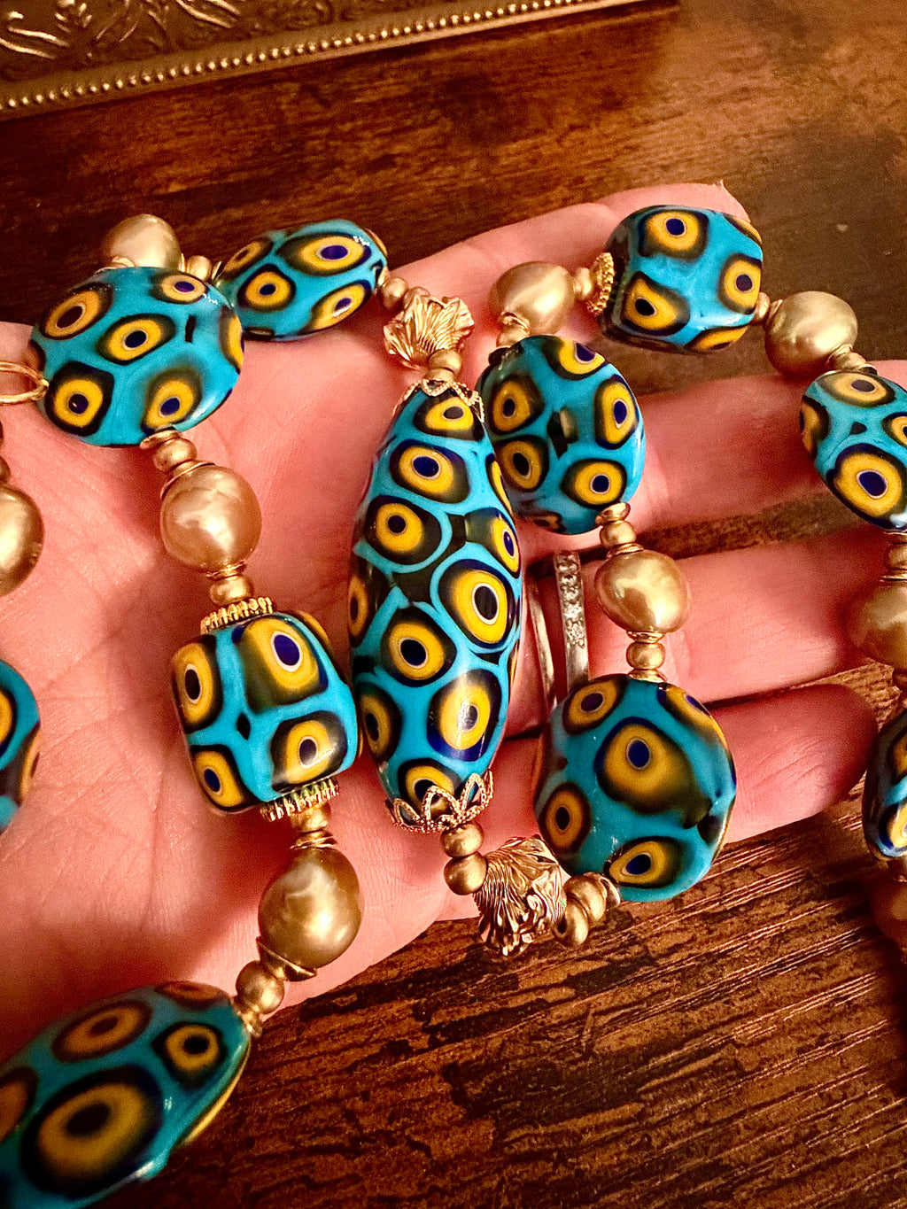 Rosario Leonardi Aqua & Yellow Themed Necklace Gold Freshwater Pearls