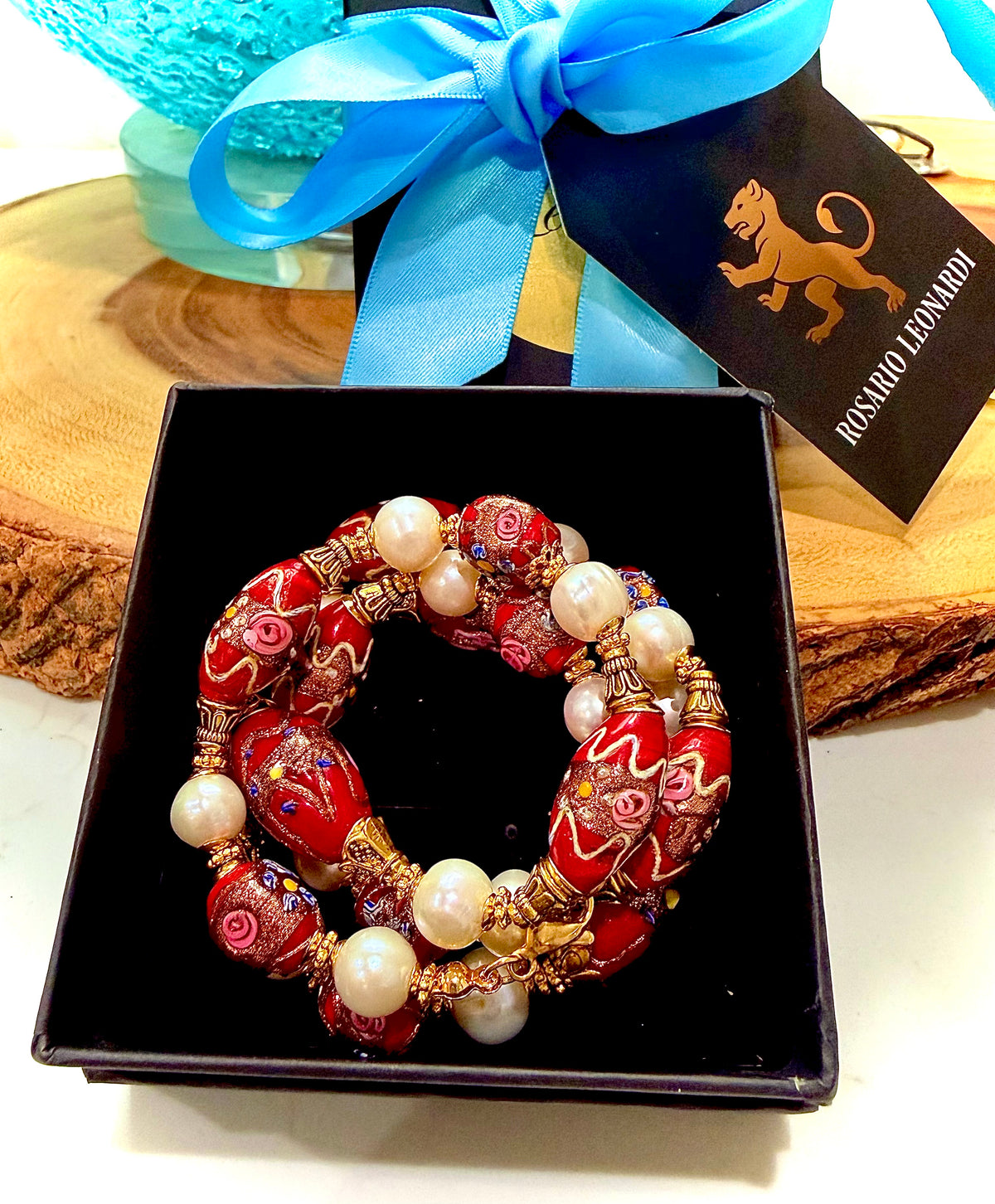 Rosario Leonardi Vintage Red Venetian Wedding Cake & White Freshwater Pearl Beaded Necklace