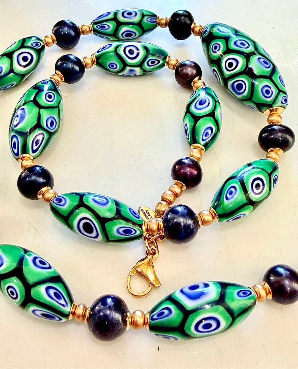 Rosario Leonardi Dramatic Green & Navy Themed 22” Necklace Featuring Black Freshwater Pearls