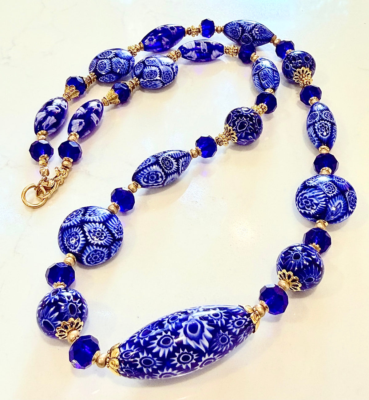 Rosario Leonardi Exclusive Ercole Moretti Cobalt Blue/ White Murano Millefiori Beaded Necklace-Choose your lenght