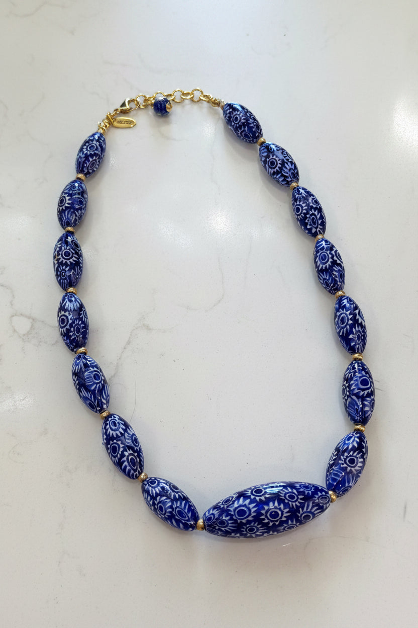 Rosario Leonardi Cobalt Blue Neckalce Featuring Handmade Murano Millefiori Torpedo Glass Beads