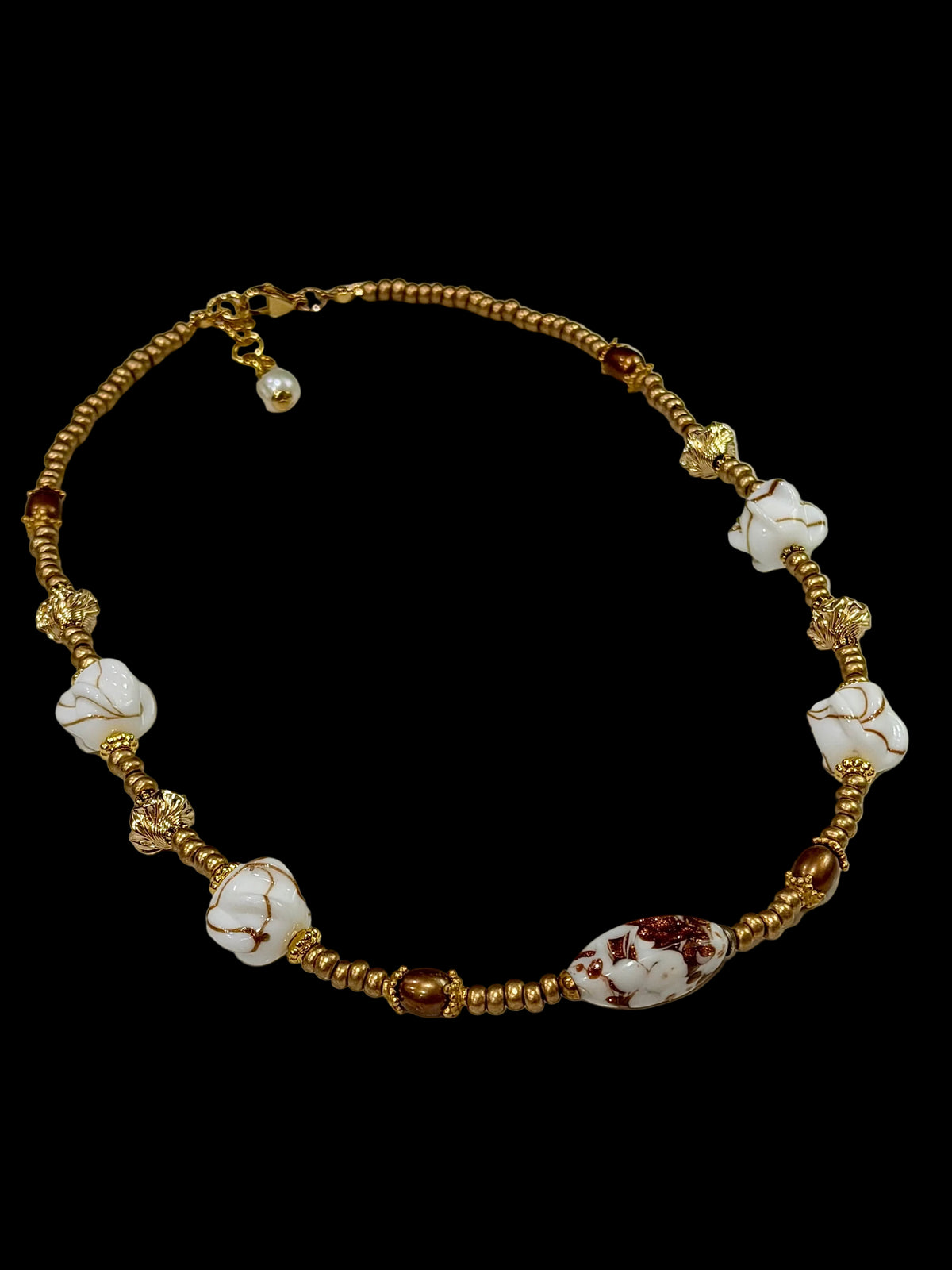Petite Rosario Leonardi Gold Aventurine Themed Necklace Featuring Pearls, 12k Gold Filled Beads, German Glass & Ercole Moretti Focal Bead