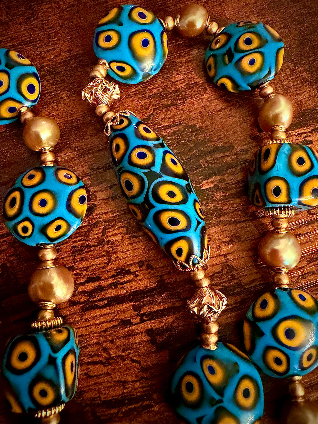 Rosario Leonardi Aqua & Yellow Themed Necklace Gold Freshwater Pearls