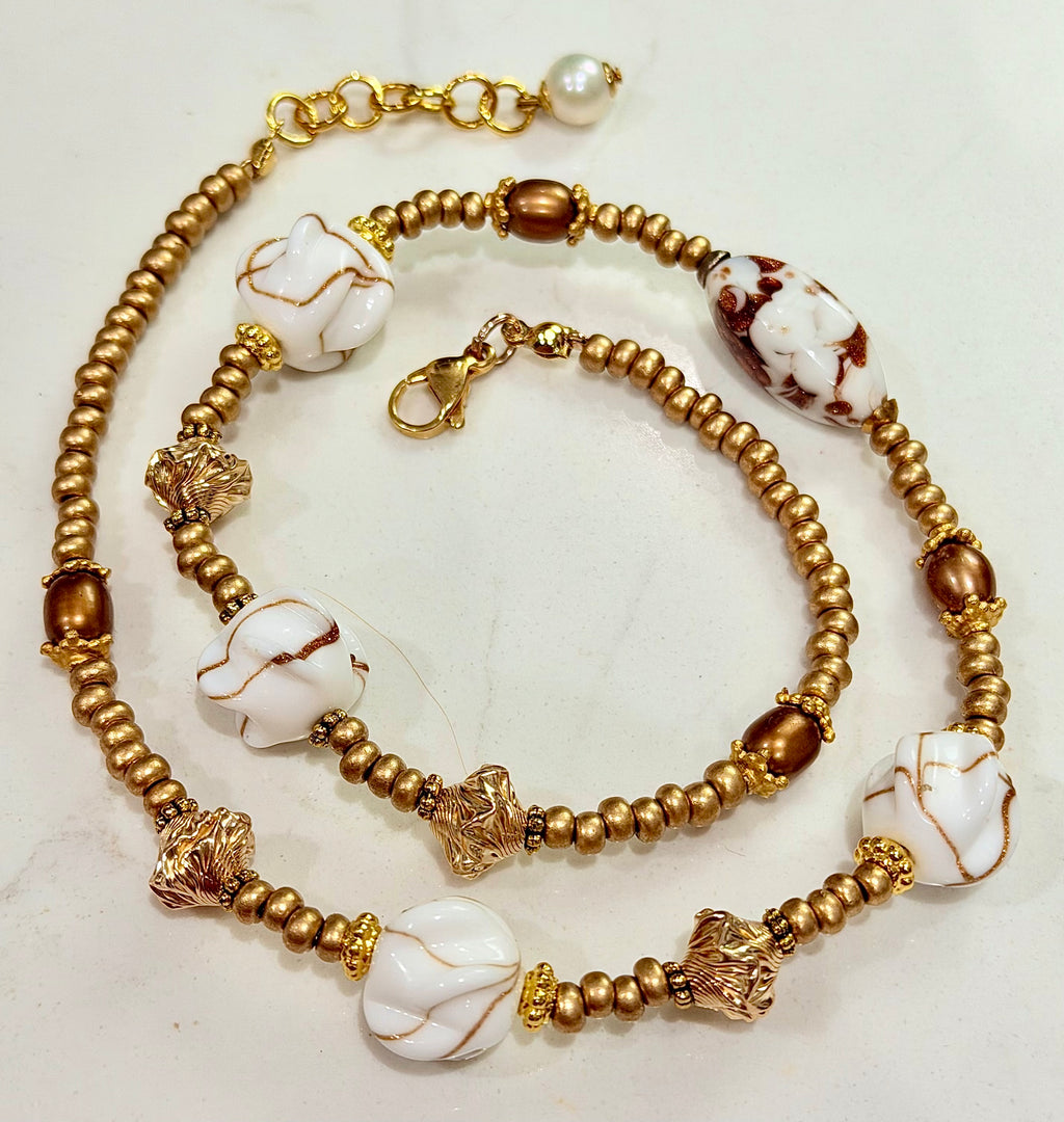 Petite Rosario Leonardi Gold Aventurine Themed Necklace Featuring Pearls, 12k Gold Filled Beads, German Glass & Ercole Moretti Focal Bead