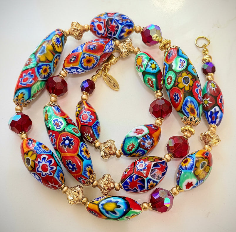Rosario Leonardi Red Themed Necklace Featuring 12k GF Lantern Beads, Red A/B Vintage Swarovski Crystals & Exclusive Custom Beads Made just for our shop
