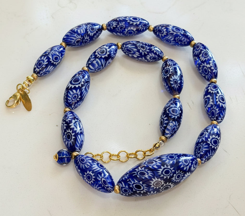 Rosario Leonardi Cobalt Blue Neckalce Featuring Handmade Murano Millefiori Torpedo Glass Beads