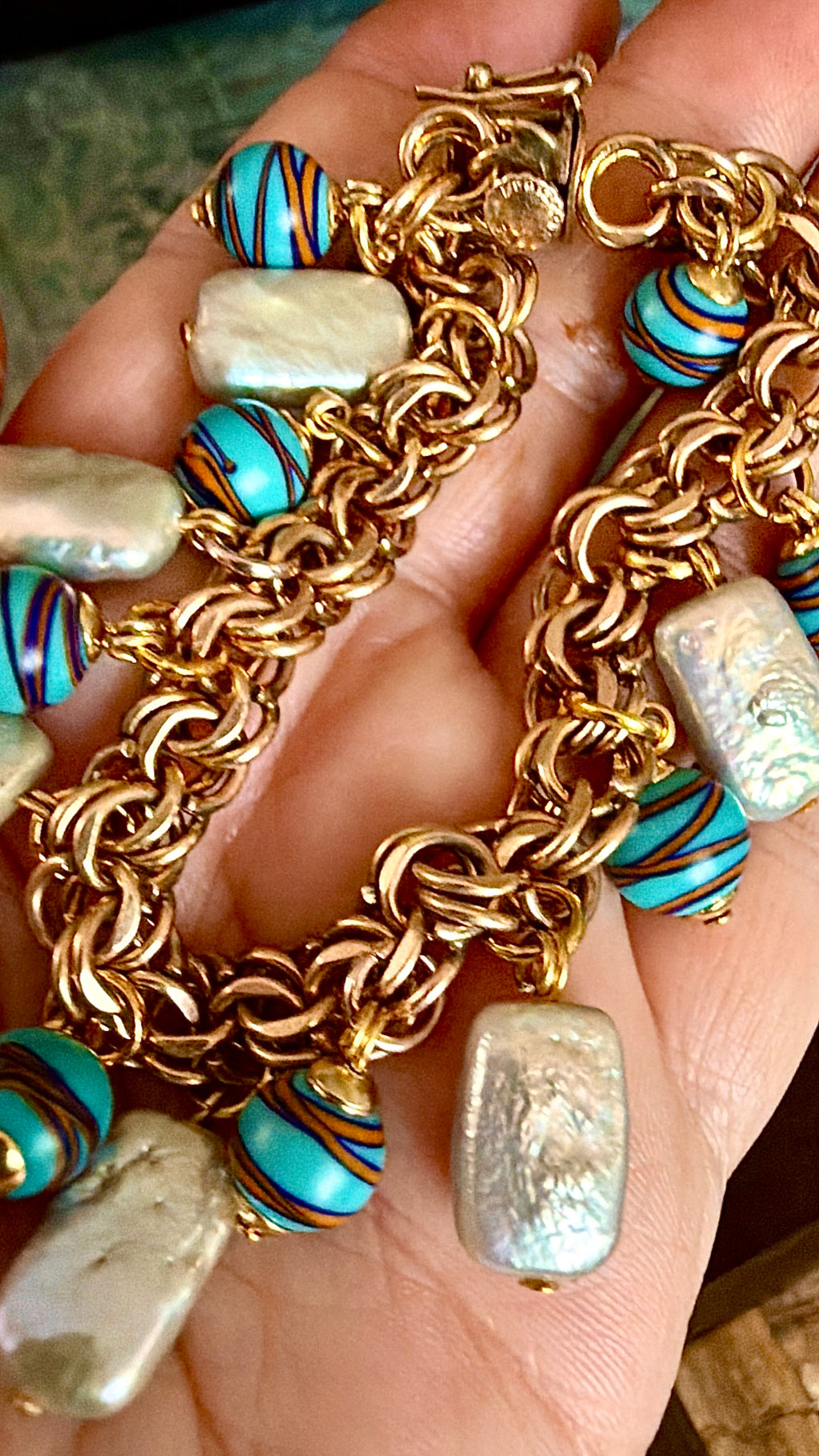 One of a kind 12k GF 1950’s Charm Bracelet Adorned With Rectangular White Freshwater Pearls & Ercole Moretti Aqua Ribbon Beads