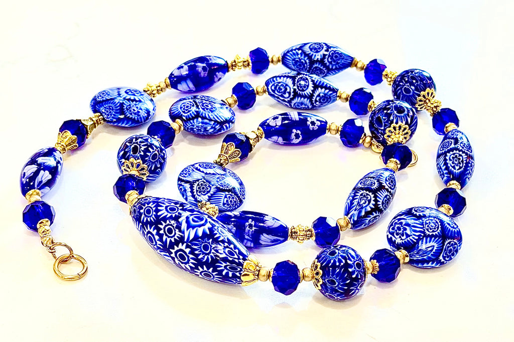 Rosario Leonardi Exclusive Ercole Moretti Cobalt Blue/ White Murano Millefiori Beaded Necklace-Choose your lenght