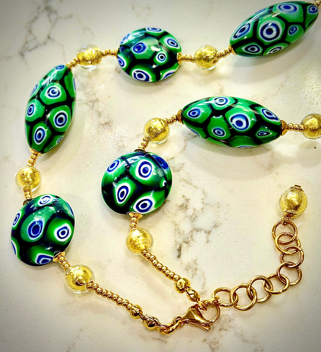Rosario Leonardi “Green & Gold Goddess” Necklace Featuring EXCLUSIVE Ercole Moretti Beads