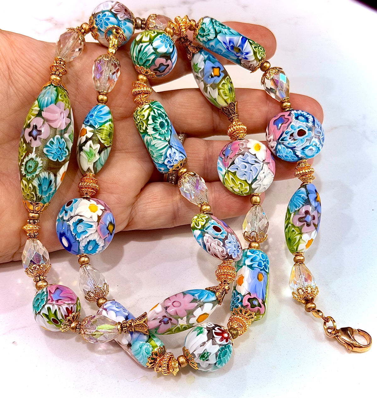 Pastel Lace Matched Millefiori Murano Glass Necklace Featuring Moretti Beads