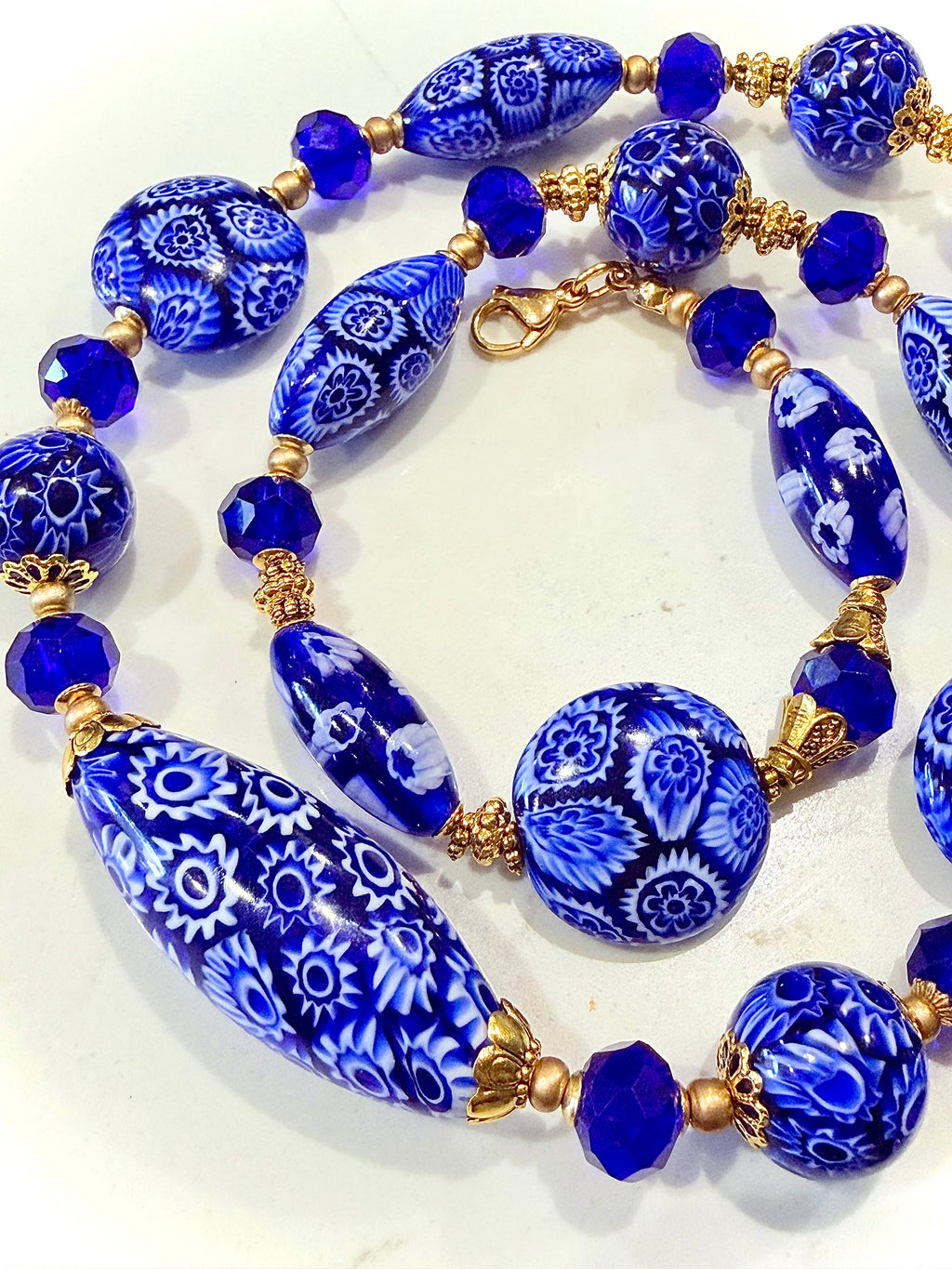 Rosario Leonardi Exclusive Ercole Moretti Cobalt Blue/ White Murano Millefiori Beaded Necklace-Choose your lenght